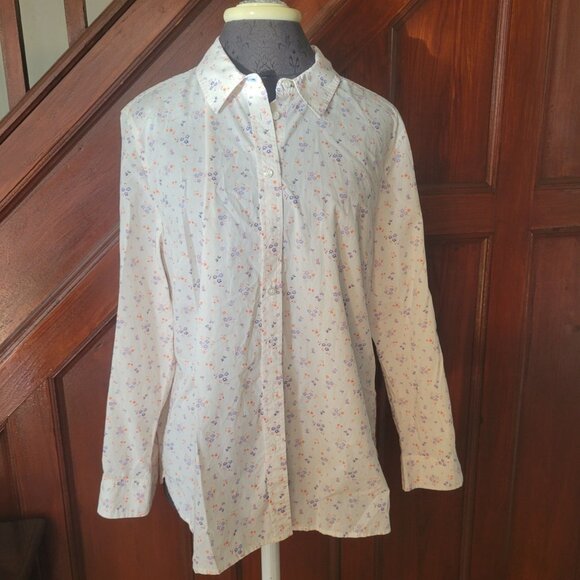 Talbots Petite Floral Button-Up Shirt XLP 100% Cotton Long Sleeve Cream With Pin - Picture 1 of 5